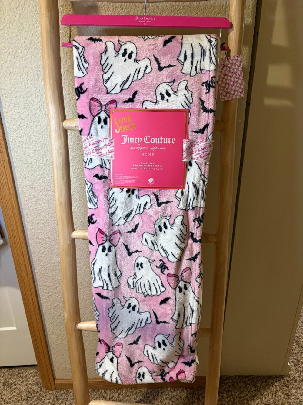 Juicy Couture Halloween Ghost Bow Bat Pink Plush Throw Blanket 60x70 NWT